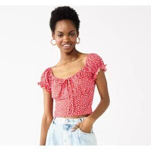 💜3/$25 💜 Puff Sleeve Crop TOP Juniors PLUS XXL 19 Ditsy Red Floral Blouse NEW